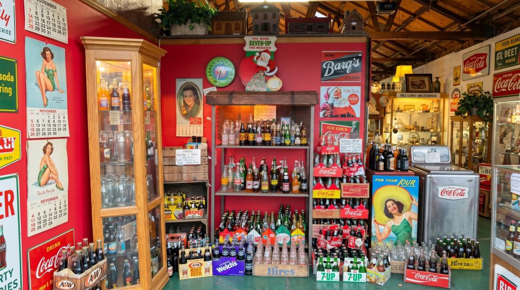 A vibrant display of vintage soda collectibles including Coca-Cola signs, 7-Up thermometers, Barq's posters, and various antique glass soda bottles in crates at Antique Harvest.