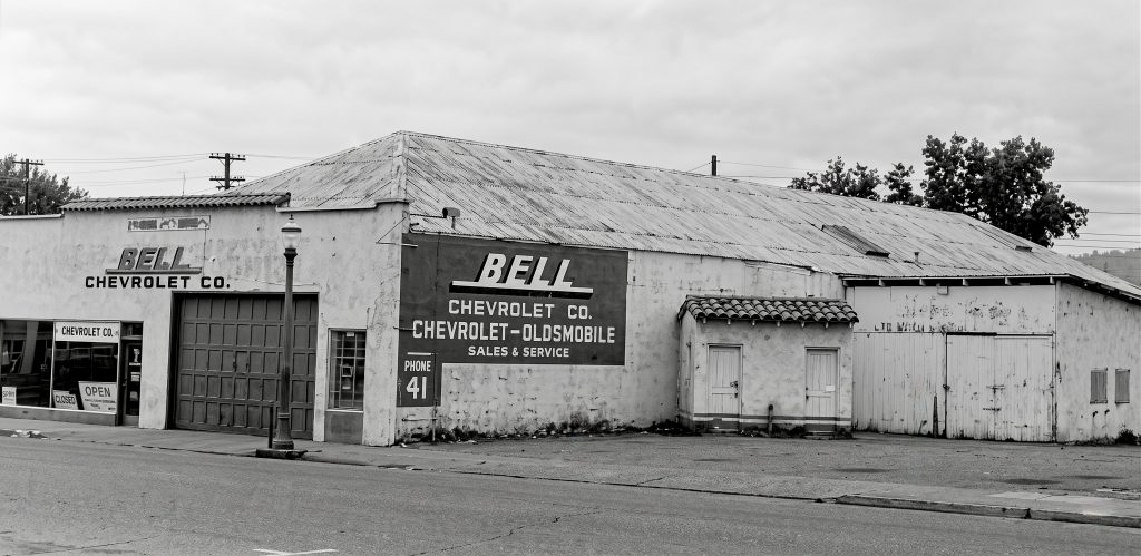 Historical photo of Bell Chevrolet Co. dealership in Healdsburg, CA, the original 1940s building that now houses Antique Harvest antique mall.