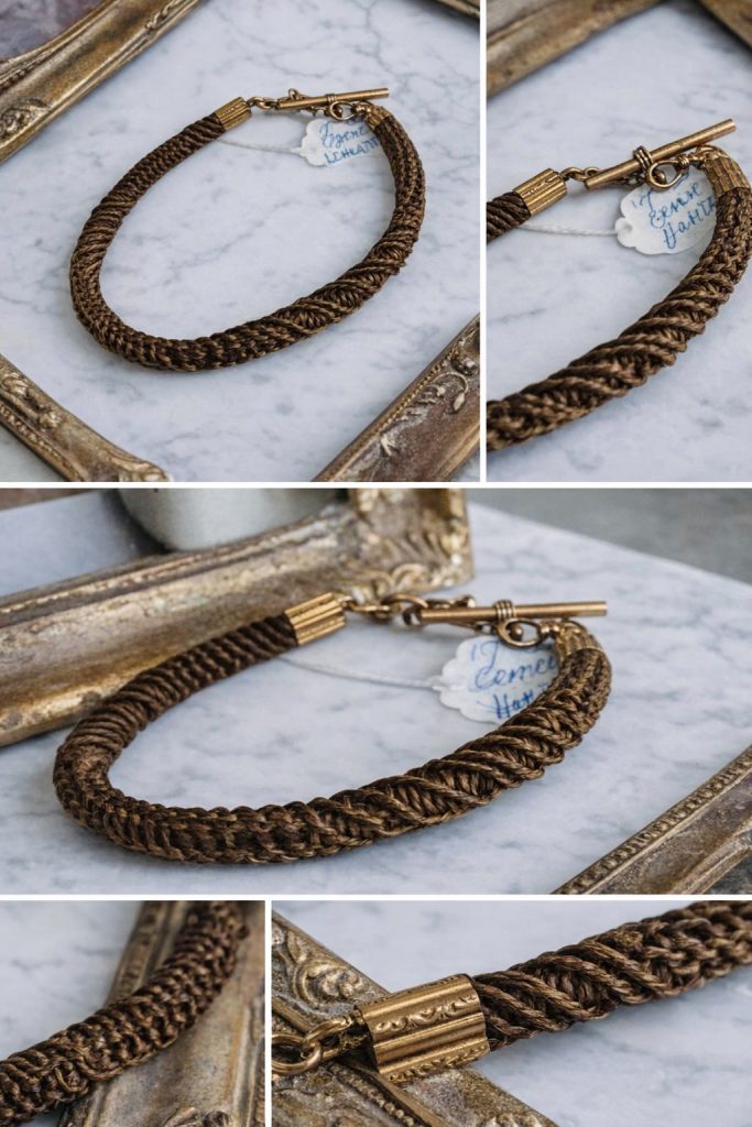 Victorian hairwork bracelet woven from human hair with gold clasp and braided details, photographed for Dealer Spotlight featuring Carol Eagle at Antique Harvest Healdsburg.