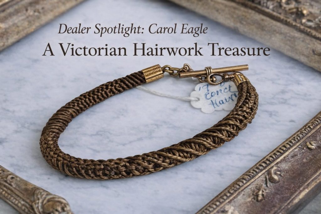 Victorian hairwork bracelet woven from human hair with gold clasp and braided details, photographed for Dealer Spotlight featuring Carol Eagle at Antique Harvest Healdsburg.