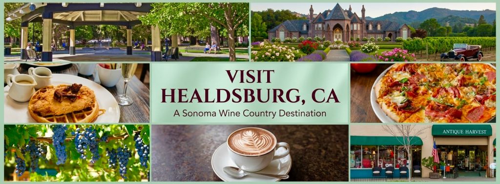 Scenic view of downtown Healdsburg Plaza with wine country, grapes, pizza, coffee in the background.