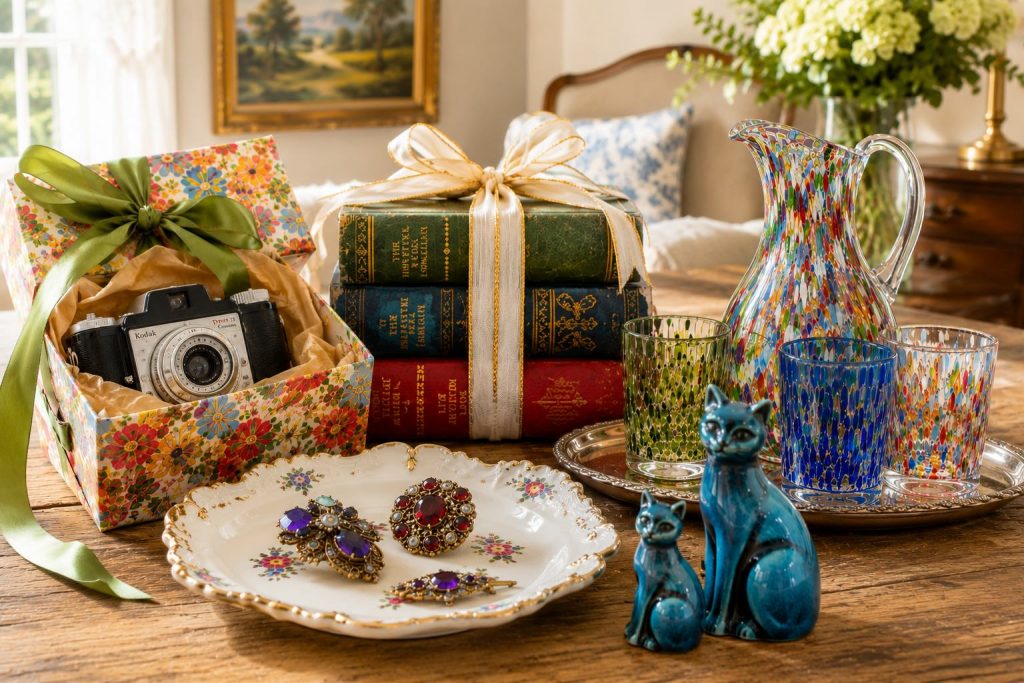 Vintage antique gift ideas display with camera in gift box, Victorian brooches on porcelain tray, Murano glass pitcher, books with ribbon, and mid-century cat figurines